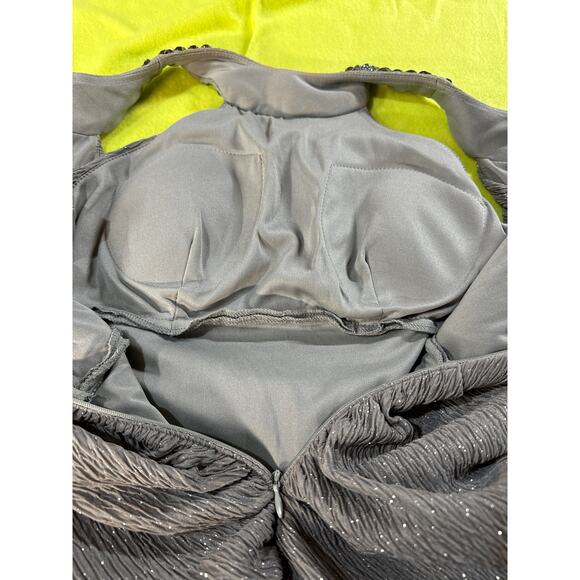 Cachet Beaded High Neck Mermaid Ruched Gray Silver Formal Prom Dress Women 6 - Picture 6 of 7